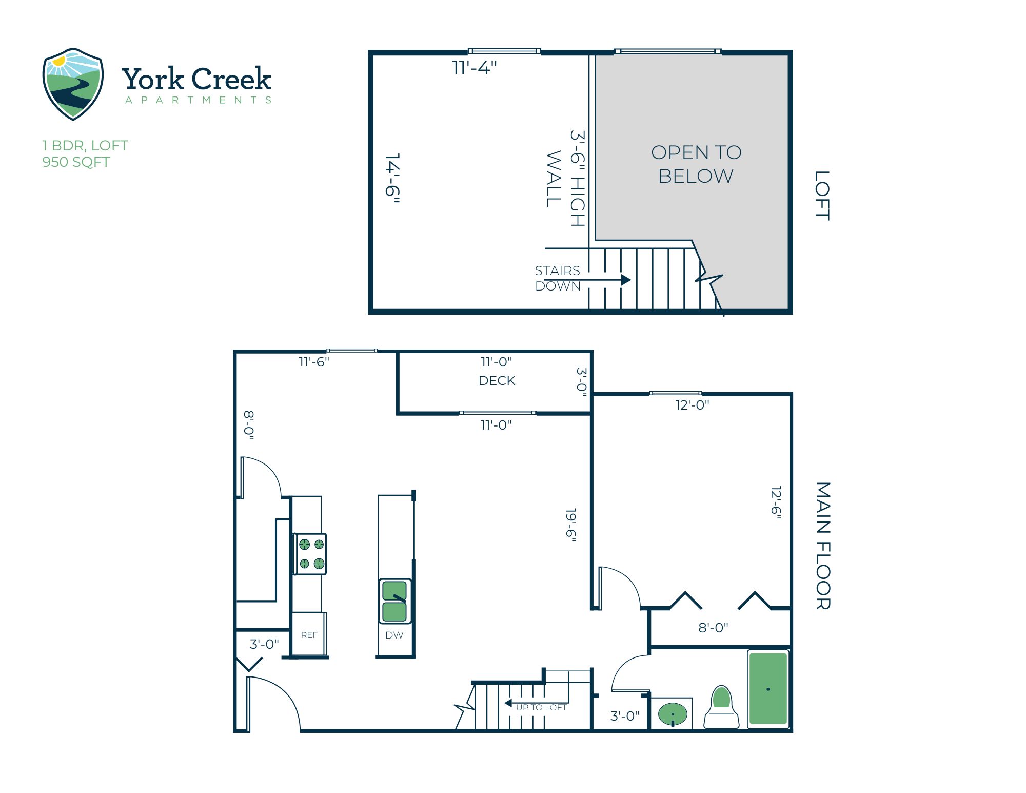 Floor plan for 1 bed, 1 bath, 950 sqft